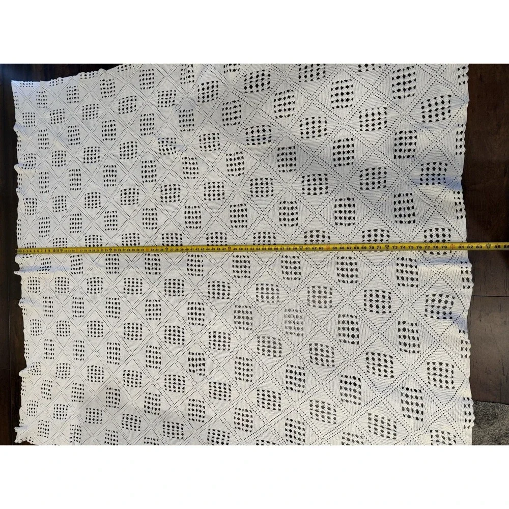 Vtg  Crocheted White Bed Cover  Blanket Tablecloth Queen Throw 82x73 Boho